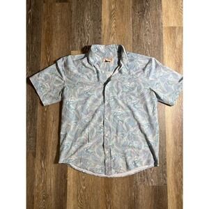 Huk Fishing Mens Medium Blue Marlin Print Short Sleeve Button Down Shirt
